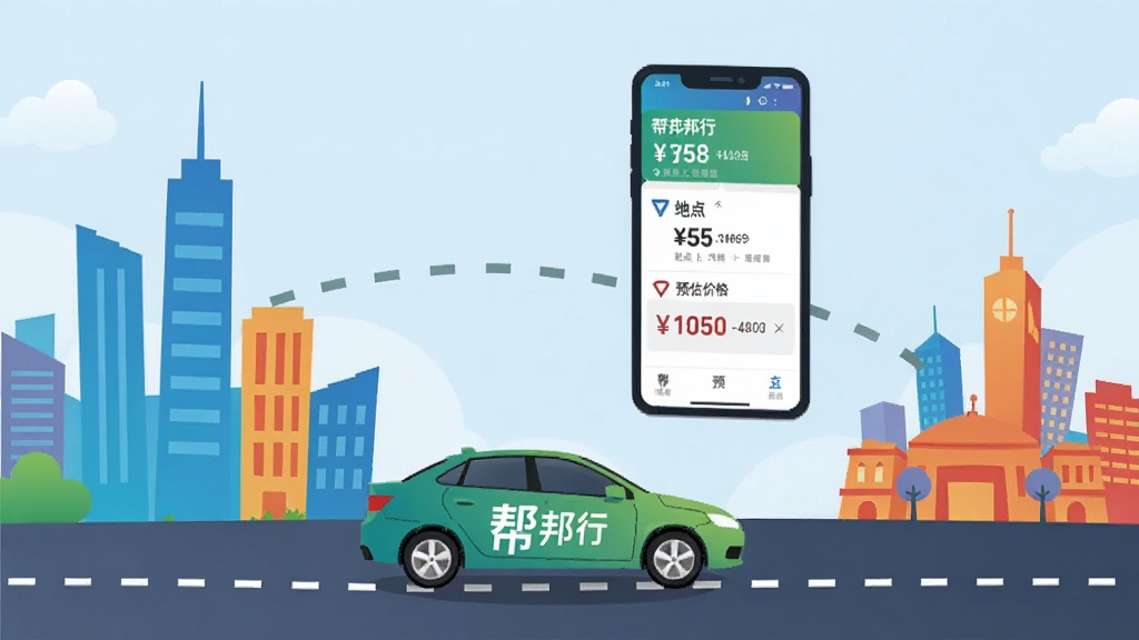 一张帮邦行城际约车功能示意图,画面左侧为城市建筑剪影,右侧为另一座城市剪影,中间由一条虚线道路连接,道路上有一辆带帮邦行标识的汽车正在行驶,手机界面悬浮显示起点终点与预估价格,整体风格扁平化插画,色彩明快,画质干净,无多余元素