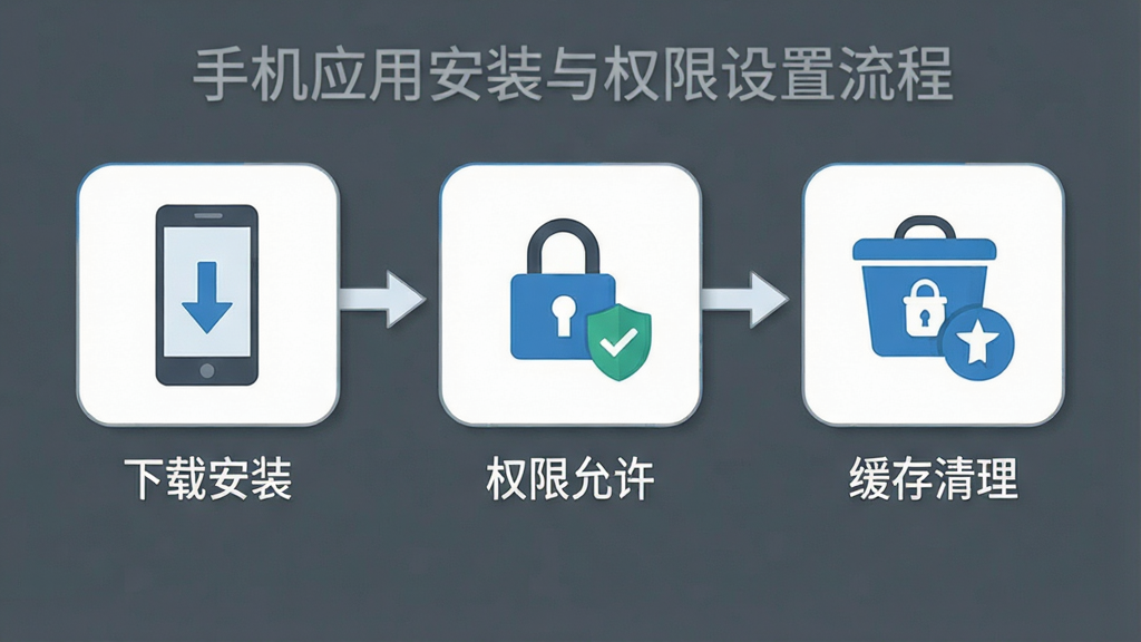 一张信息图展示手机应用安装与权限设置流程,画面分为三个步骤图标依次排列,分别表示下载安装、权限允许、缓存清理,每个步骤配有简洁图标与短文字说明,采用扁平化信息图风格,配色为蓝白灰,布局横向均匀分布,细节清晰,画质高清,背景干净