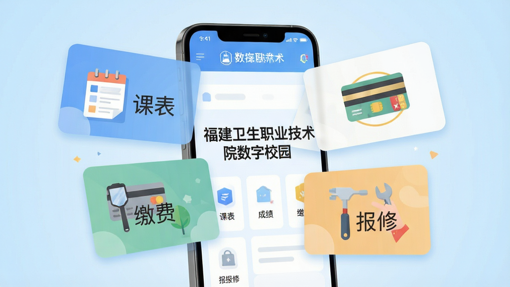 画面以“福建卫生职业技术学院数字校园”应用界面为核心,展示多个功能模块以卡片形式从手机屏幕向外延展,分别标注“课表”“成绩”“缴费”“报修”等文字,背景为浅蓝色渐变,采用简洁的扁平化插画风格,排版错落有致,细节干净,画质清晰,无杂乱装饰元素