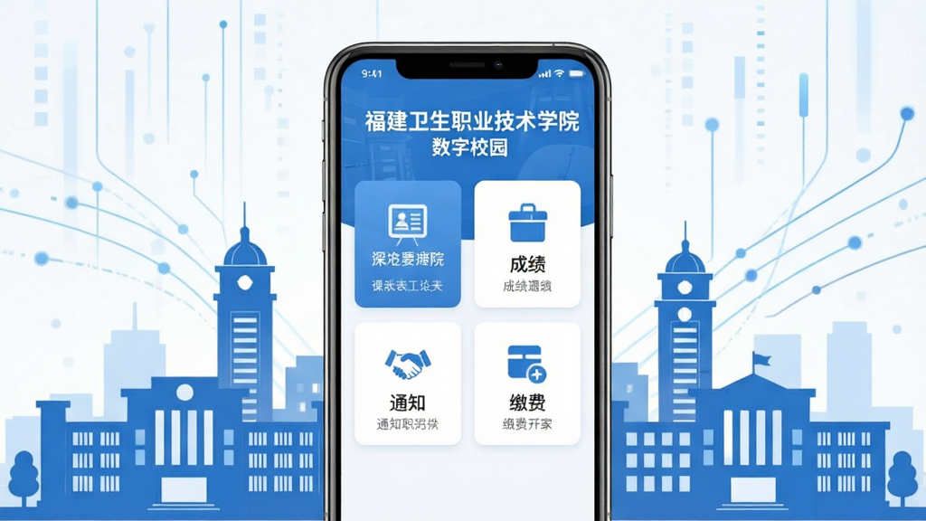画面主体为一部智能手机,屏幕中央展示“福建卫生职业技术学院数字校园”应用主界面,界面包含课表、成绩、通知、缴费等卡片式功能图标,手机周围环绕着校园建筑剪影与数据流线条,整体采用扁平化科技风格,色调以蓝白为主,布局居中对称,细节清晰,画质干净无多余元素,适合作为软件宣传预览图