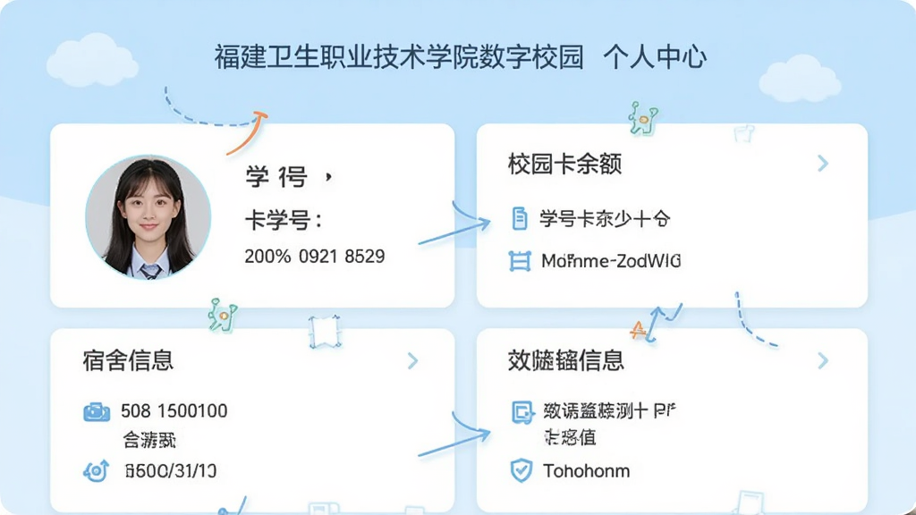 画面展示“福建卫生职业技术学院数字校园”个人中心页面,包含头像、学号、校园卡余额、宿舍信息等模块,页面以卡片分层排布,背景为淡蓝色,风格清新浅色,排版规整,细节清晰,画质干净,适合作为功能预览图