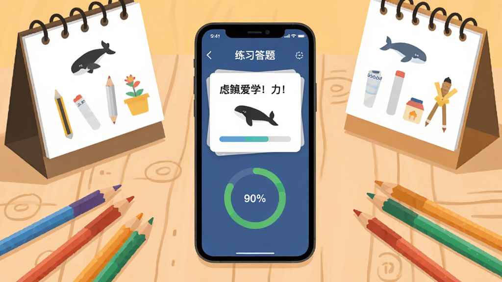 一部手机屏幕显示虎鲸爱学的练习答题界面,题目卡片与进度圆环清晰可见,手机旁边散落几支彩色铅笔和一个简约台历,桌面为浅木色,整体风格温暖明亮,扁平插画风,构图居中,细节丰富但不过度堆砌,画质干净清晰