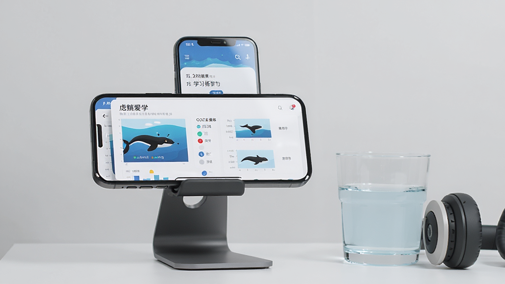 一部手机放置在桌面支架上,屏幕显示虎鲸爱学的学习报告图表页面,旁边有一杯水和一副耳机,背景为浅灰色墙面,整体构图简洁,光线柔和,扁平化风格,细节清晰,画质干净无杂乱元素