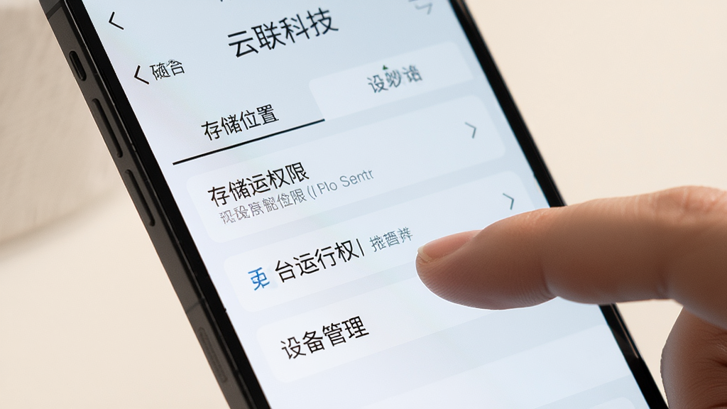 一部手机屏幕特写,屏幕上显示“云联科技”的设置页面,页面中包含存储位置选择、后台运行权限、设备管理三个选项卡,布局纵向排列,风格清爽浅色,细节包括手指轻触屏幕的动作、柔和的环境光、清晰的文字标签,画质干净,无多余装饰