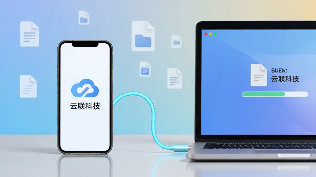 画面中央是一台智能手机和一台笔记本电脑并排摆放,两者之间用一条发光的浅蓝色数据线连接,屏幕上分别显示“云联科技”的界面图标与文件传输进度条,整体布局左右对称,风格简洁科技感,细节包括柔和的渐变背景、悬浮的小文件图标、干净的桌面环境,画质清晰,光线均匀,无多余装饰元素