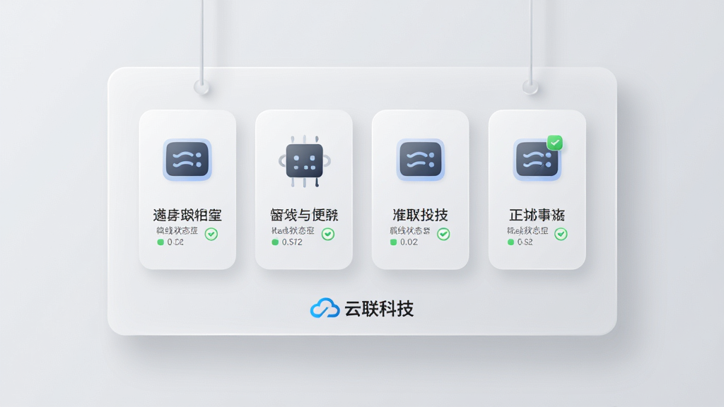 一块悬浮的半透明面板居中显示,面板上排列着四台设备的图标卡片,每张卡片标注设备名称与在线状态,面板下方是“云联科技”的标识,布局整齐有序,风格简约商务,细节包括浅灰色背景、柔和的投影、卡片边角的圆润处理,画质清晰,画面干净,无多余元素