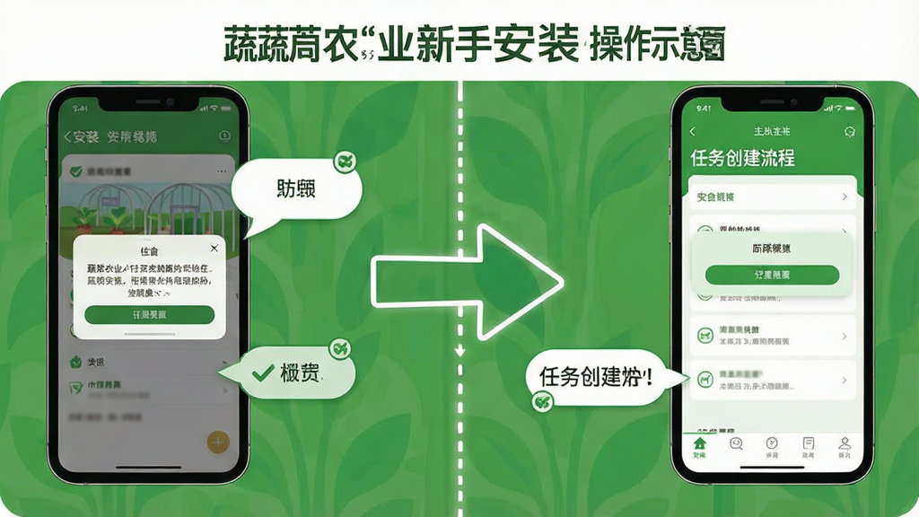 一张蔬芮农业新手安装操作示意图,画面采用分步图解布局,左侧展示手机安装界面与权限弹窗,右侧展示应用主界面与任务创建流程,中间以箭头连接,风格简洁说明性插画,色彩以绿色和白色为主,细节包含勾选图标与提示气泡,画质清晰干净,无多余装饰