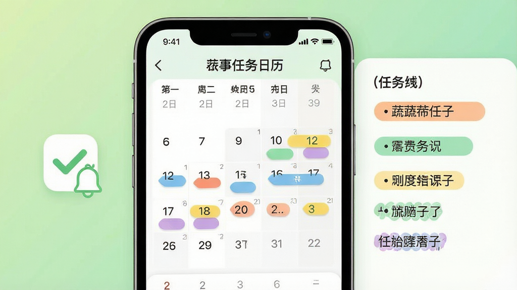一张蔬芮农业农事任务日历功能的界面示意图,画面主体为手机屏幕特写,屏幕内展示月历视图与彩色任务标签,旁边配有简洁的勾选完成图标与提醒铃铛元素,背景为浅绿色渐变,布局采用左右分栏展示日历与任务列表,风格扁平化设计,细节清晰,画质干净,无多余文字堆砌