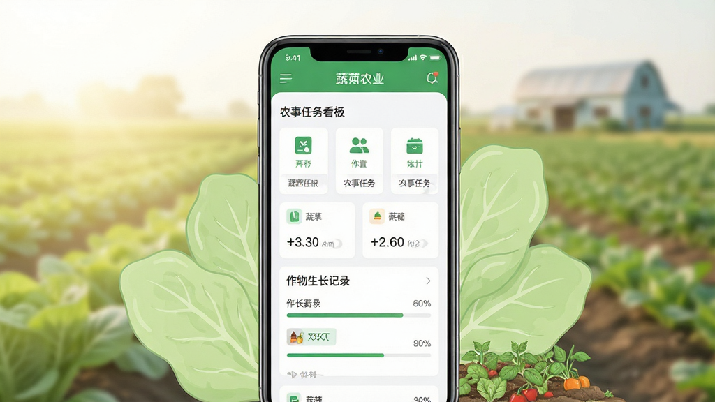 一张展示蔬芮农业软件界面的手机应用场景图,画面中央是一部竖屏智能手机,屏幕上显示蔬芮农业APP的农事任务看板与作物生长记录页面,手机周围环绕着淡绿色的蔬菜叶片与农田元素,背景为柔和的自然光农田虚化场景,整体布局简洁居中,风格清新现代,细节包含图标、数据卡片与进度条,画质清晰干净,无多余装饰元素