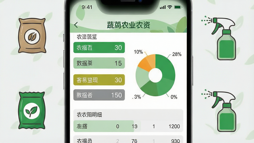 一张蔬芮农业农资投入记录功能的视觉示意图,画面中央为手机界面展示农资列表与饼状统计图,周围点缀种子袋、肥料包装与喷雾器简笔图标,布局以上下结构呈现数据总览与明细列表,风格清爽扁平,色彩以绿色和浅灰为主,细节包含数字标签与分类色块,画质清晰干净,无杂乱元素