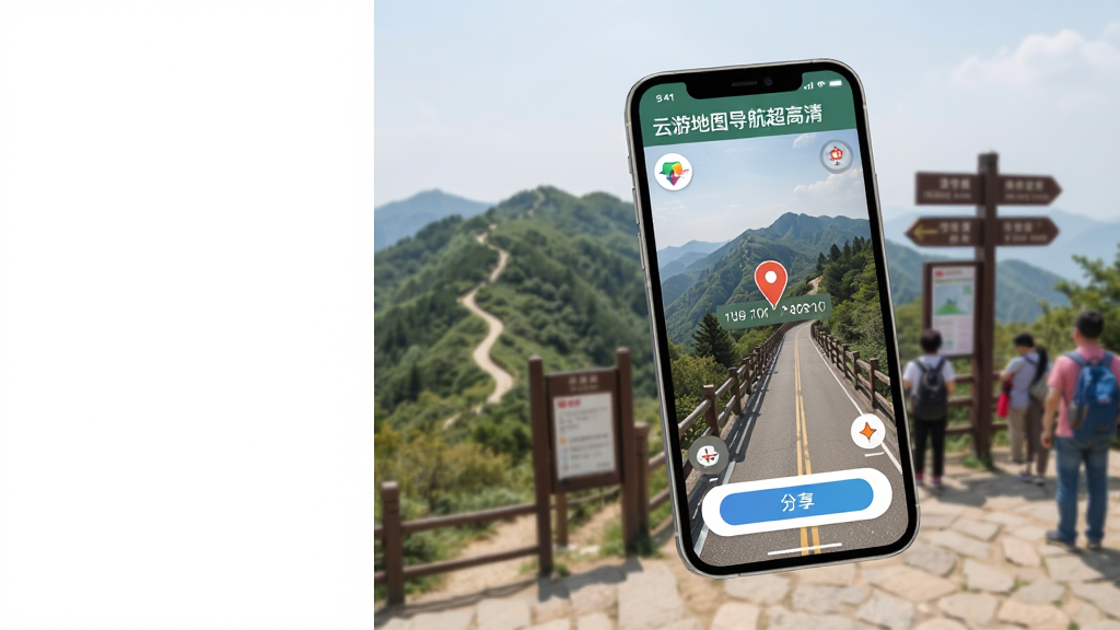 主体为手机界面展示实景定位分享功能,屏幕中显示带有坐标标记的街景画面与分享按钮,背景为户外景区环境;布局为手机斜置于画面中央偏右,左侧留白;风格为清新户外写实风;细节中屏幕显示