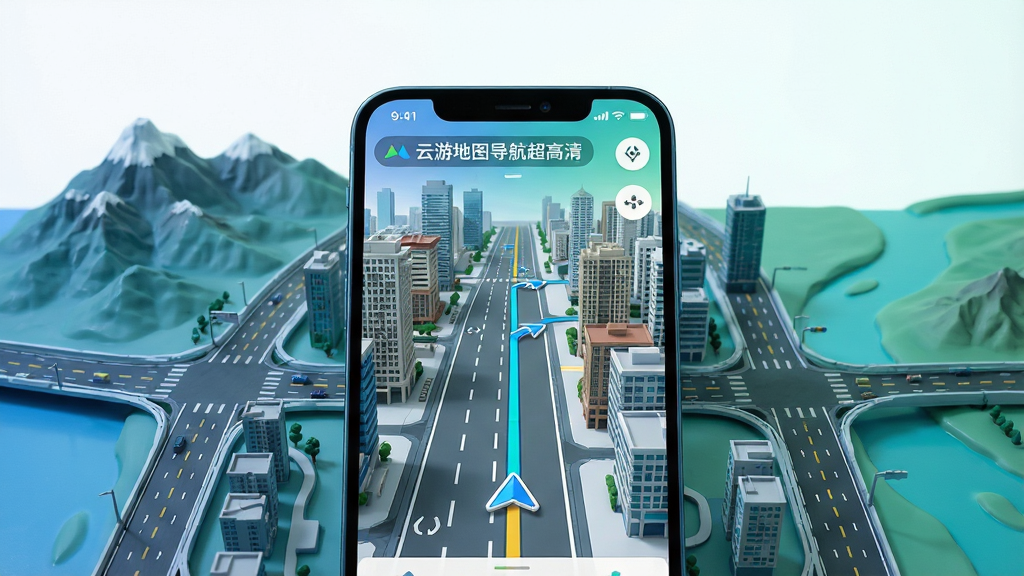 主体为一部智能手机屏幕显示超高清街景地图界面,画面中标注路线指引箭头与地标建筑,手机周围环绕城市道路、山脉与河流的微缩景观;布局采用中心对称构图,手机居中突出;排版简洁,上方留白用于视觉呼吸;风格为现代科技写实风,色调以蓝绿渐变为主;细节包含屏幕上的