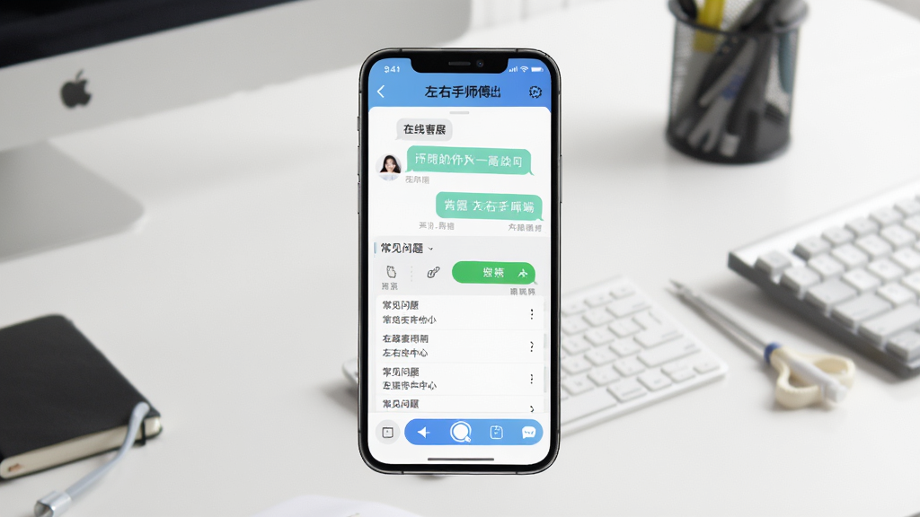 画面展示“左右手师傅端”APP客服中心界面,手机屏幕中有在线客服对话框与常见问题列表,背景为简洁办公桌面与工具摆放,布局以手机界面为主体,风格清爽简洁,细节突出对话气泡与按钮,画质干净无多余元素