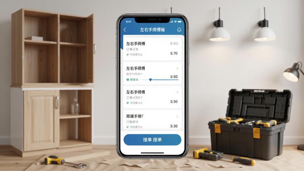 手机屏幕中展示一款名为“左右手师傅端”的APP界面,画面中央是订单列表与接单按钮,背景为家居安装场景,包含柜子、灯具、工具箱等元素,布局简洁清晰,风格写实商务,细节突出手机界面与工具质感,画质清晰干净,无多余元素
