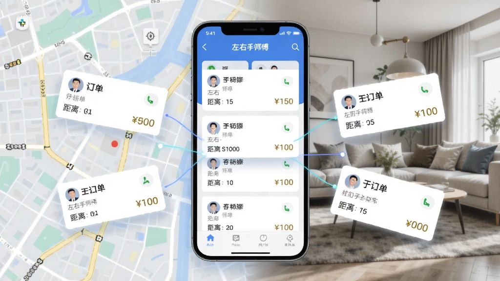 画面展示“左右手师傅端”APP订单推送界面,手机屏幕中弹出多个附近订单卡片,标注距离与价格,背景为城市地图与家居场景融合,布局以手机为中心向外辐射订单信息,风格科技商务,细节清晰,画质干净无多余元素