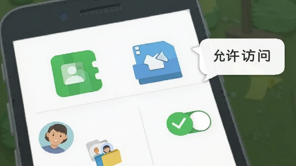 手机屏幕显示通讯录导入导出软件的权限设置界面,画面中有通讯录图标、存储图标和绿色勾选标记,旁边有提示气泡文字