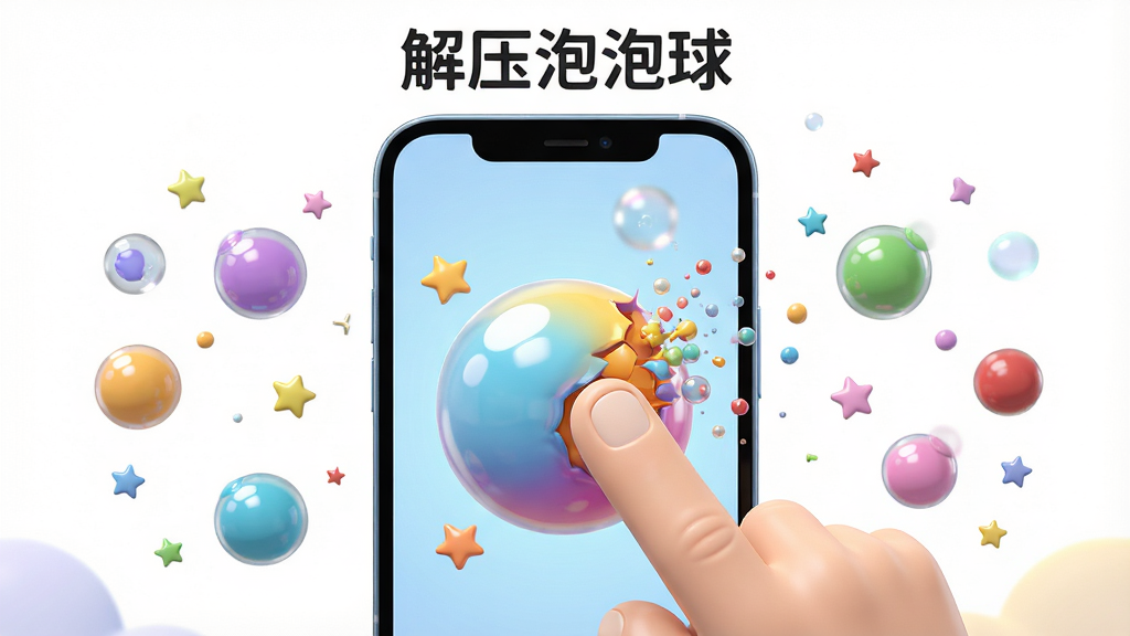 主体为一部智能手机居中放置,屏幕内显示彩色泡泡球被手指按压爆破的瞬间,周围散落着五颜六色的小泡泡球与星星点缀,布局采用中心对称构图,上方留白处写有“解压泡泡球”字样,风格为清新卡通3D渲染,细节包含泡泡球表面的高光反射与爆破粒子效果,画质为4K高清、干净通透、无多余元素