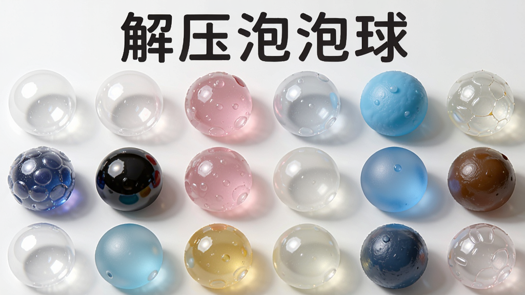 画面主体为多颗不同材质的泡泡球整齐排列在浅色背景上,包括透明塑料泡泡、粉色果冻泡泡、蓝色磨砂泡泡等,布局为网格状陈列,上方用圆润字体写有“解压泡泡球”名称,风格为简约产品展示风,细节突出每种材质的纹理与光泽差异,画质为高清写实、背景干净、无杂乱元素