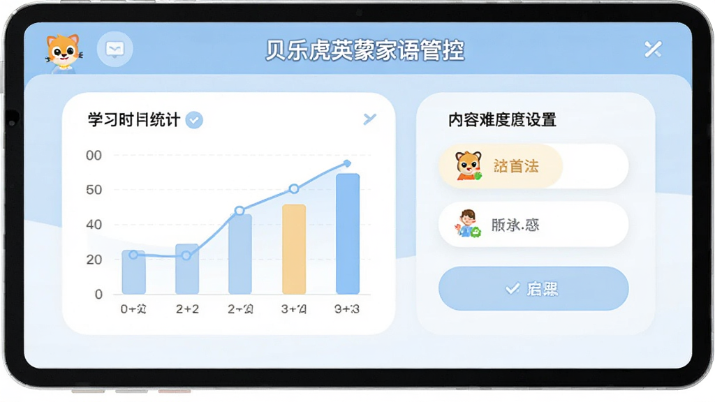 贝乐虎英语启蒙家长管控界面,展示学习时长统计图表和内容难度设置选项,界面简洁清晰,配色柔和,风格专业友好,画质干净高清