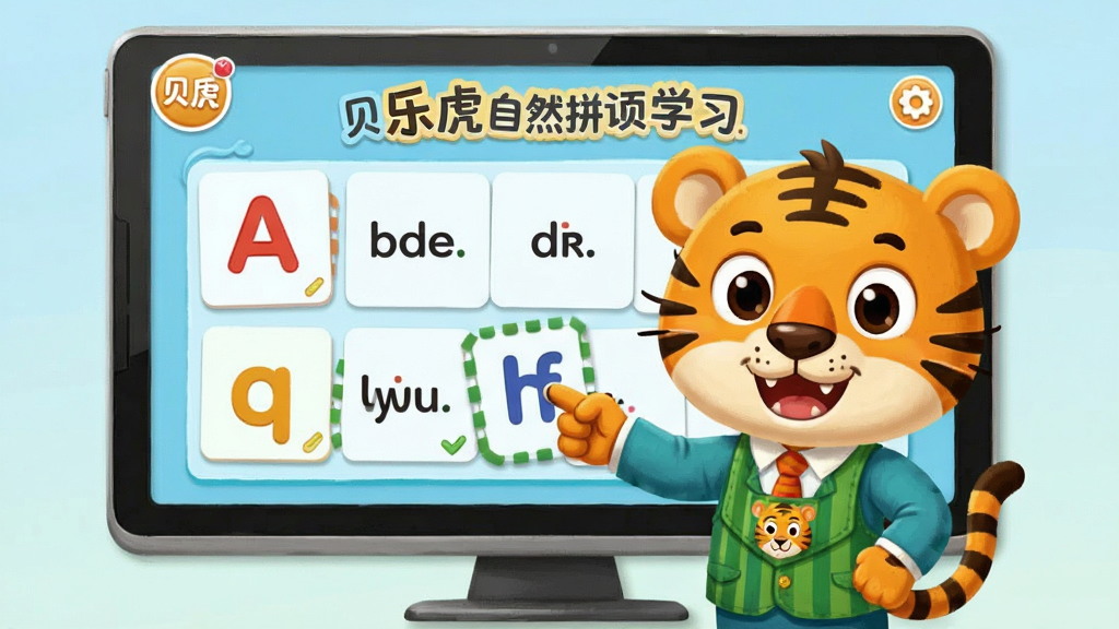 贝乐虎英语启蒙自然拼读学习页面,卡通老虎老师指着字母卡片教学,屏幕展示字母与发音对应关系,界面排版清晰,风格童趣专业,画质干净高清
