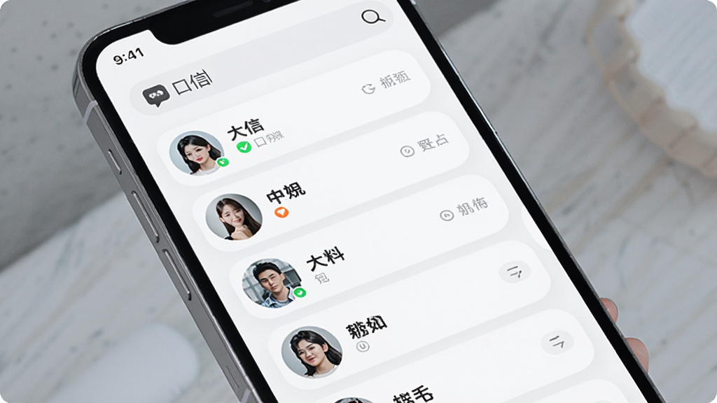 画面以手机界面为主体,屏幕显示好友列表页面,列表中有多个头像和昵称,顶部搜索框内有
