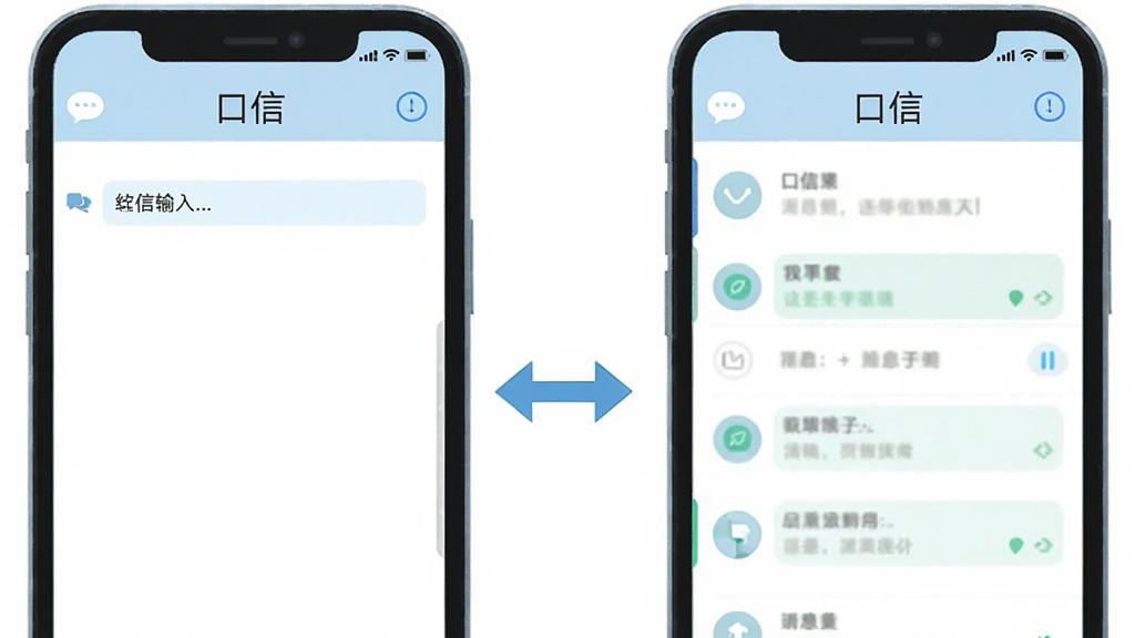 画面展示两个手机屏幕并排,左侧屏幕为文字输入界面,右侧屏幕为消息列表界面,屏幕上方有