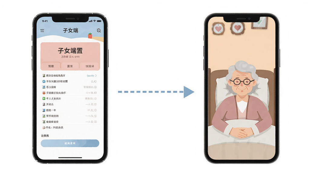 老人简用桌面远程协助功能示意图,画面左侧是一部手机显示子女端设置界面,右侧是另一部手机显示老人端桌面,中间以虚线箭头连接表示远程配置,界面元素简洁,配色柔和,风格扁平化,细节清楚,画质高清,干净无多余元素