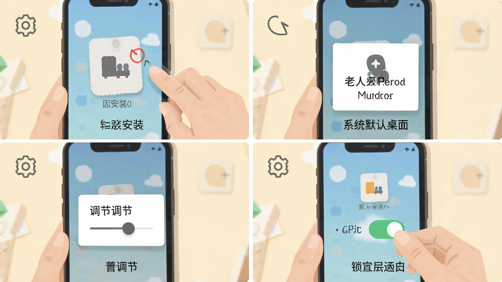 老人简用桌面安装设置步骤示意图,画面以四格分镜形式展示手机从安装包点击、系统默认桌面选择弹窗、字体调节滑杆到桌面锁定开关的操作流程,每格配简洁图标与简短文字标注,风格清新扁平,配色柔和,细节清晰,画质高清,干净无多余元素