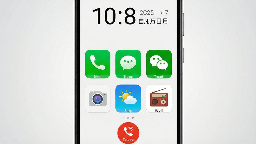 一张展示老人简用桌面手机主界面的产品全景图,画面中央是一部竖屏安卓手机,屏幕内呈现超大字体、高对比度配色的极简桌面,首屏整齐排列电话、短信、微信、相机、天气、收音机六个大图标卡片,顶部显示大号时间与日期,底部有紧急呼叫红色按钮,手机周围以浅灰色渐变背景衬托,风格简洁清爽,细节清晰,画质高清,干净无多余元素