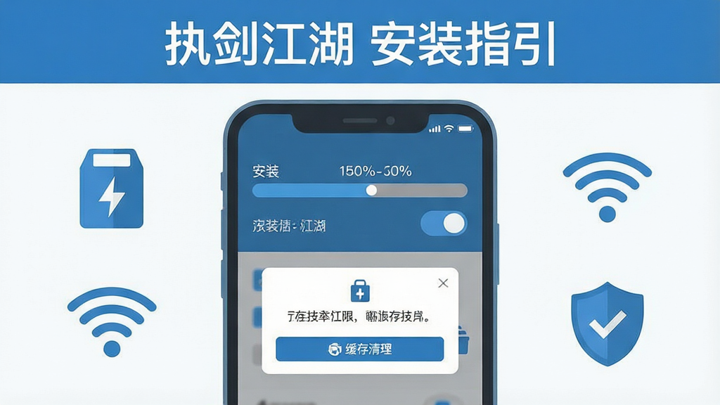 一幅手机游戏安装指引的扁平化示意图,画面主体为一部智能手机屏幕展示安装进度条与权限弹窗,布局为居中对称构图,手机两侧分别排列存储空间图标、WiFi信号图标与安全盾牌图标,风格为简洁信息图风格,细节包括进度条上的百分比数字、权限开关按钮、缓存清理图标,画面顶部以无衬线字体标注“执剑江湖 安装指引”,画质清爽,配色以蓝白灰为主,干净直观,无多余装饰