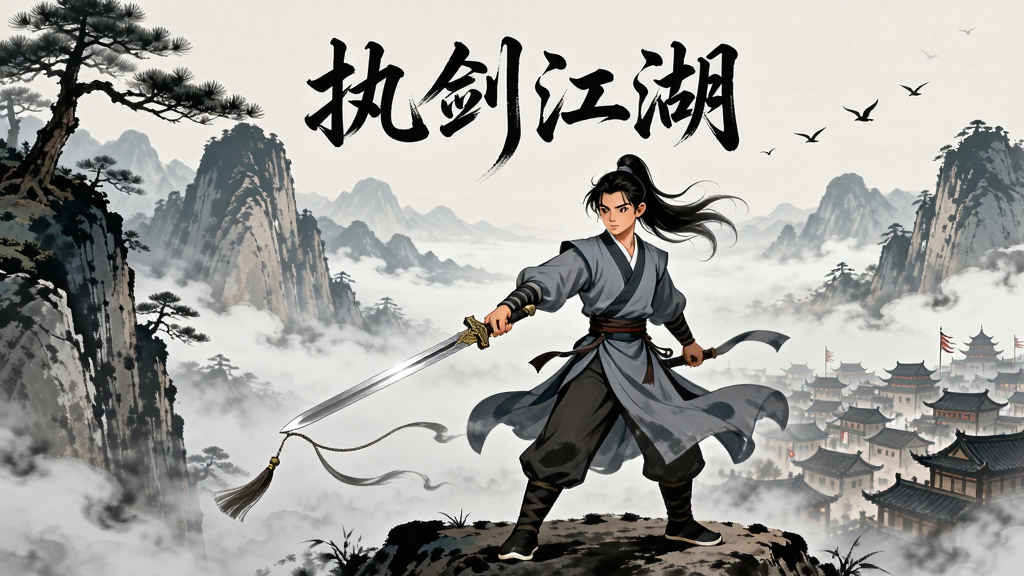 一幅横版武侠风格的数字插画,画面主体是一位身着青灰色劲装的年轻侠客手持长剑立于山巅,背景为层叠的远山与飘渺云雾,左侧布局为陡峭崖壁与古松,右侧为开阔的江湖城镇轮廓,整体采用国风水墨与厚涂结合的画风,细节包括剑穗飘动、衣袂翻飞、远处飞鸟点缀,画面中央上方以书法字体书写“执剑江湖”四字,画质清晰细腻,色彩沉稳干净,构图疏密有致,无多余装饰元素