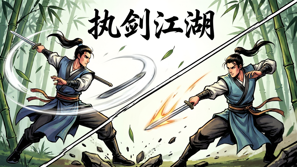 一幅武侠战斗场景的动态插画,画面主体为两位侠客在竹林中对峙出招,布局为对角线构图,左侧角色挥剑斩出弧形剑气,右侧角色侧身闪避并蓄力反击,风格为动感国风漫画风,细节包括飘落的竹叶、地面碎石飞溅、剑光拖尾特效,画面顶部以行书字体书写“执剑江湖”,画质锐利,色彩对比鲜明,整体干净无杂乱背景元素