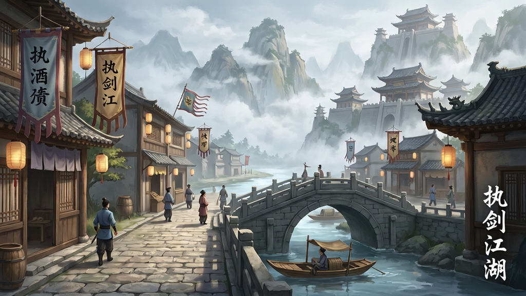 一幅国风游戏场景概念图,画面主体为一座依山而建的古代武侠城镇,布局采用由近及远的纵深构图,近景为青石板街道与两侧商铺幌子,中景为石桥流水与往来行人,远景为云雾缭绕的山峰与隐约可见的门派建筑,风格为写实国风与游戏原画结合,细节包括灯笼、旗幡、屋檐瑞兽、桥下扁舟,画面右下角以竖排小字标注“执剑江湖”,画质精致,光影柔和,整体干净整洁,无杂乱元素