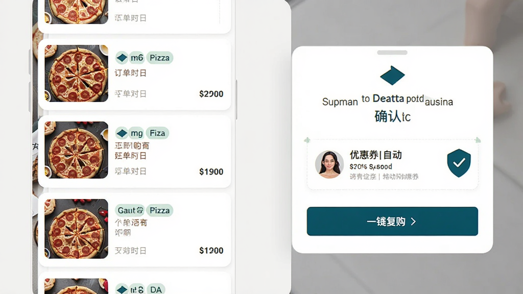 手机应用界面展示达美乐比萨订单历史列表与一键复购按钮,画面左侧为历史订单卡片包含比萨图片与下单日期,右侧为复购确认弹窗与优惠券自动勾选提示,布局整洁有序,风格柔和浅色,细节包含订单状态标签与价格明细,画质高清,干净无多余装饰