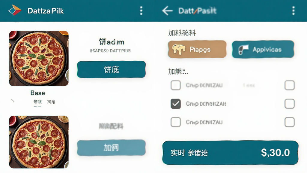 手机界面展示达美乐比萨菜单列表与比萨自定义配料选择页面,画面中包含多款比萨缩略图、饼底选项按钮、加料勾选区域与实时价格显示,布局分栏明确,风格清爽明快,细节可见芝士与配料的图标示意,画质清晰,干净无杂乱元素