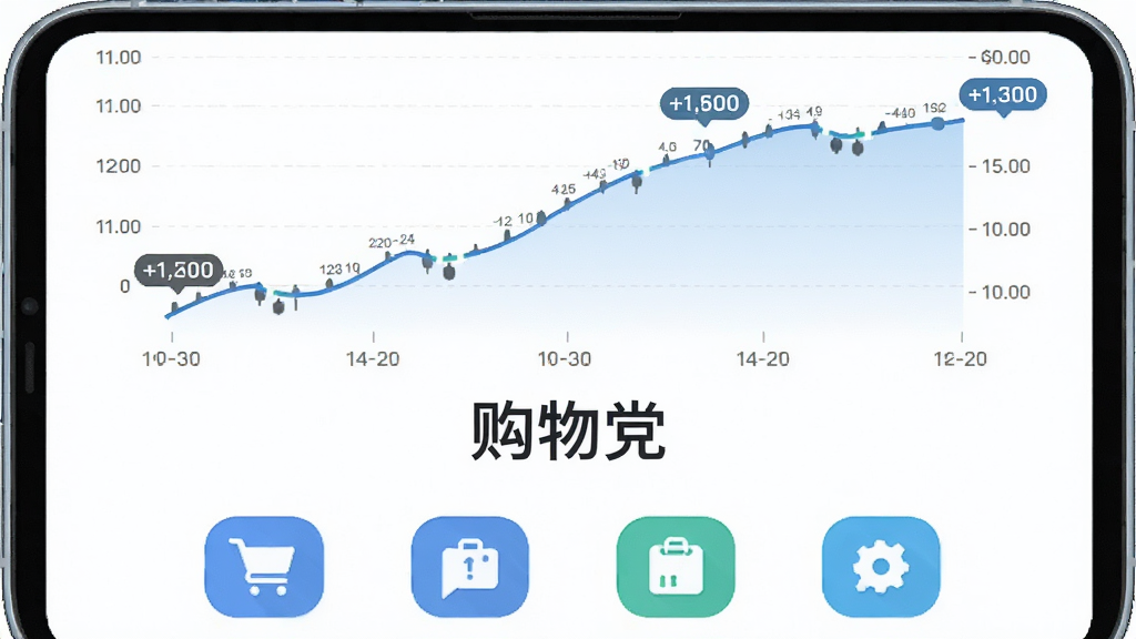 手机屏幕中央展示一条清晰的商品价格历史走势曲线图,曲线下方标注“购物党”三个字,画面布局为上下结构,上方是曲线图下方是功能图标,风格为扁平化科技感,细节包含价格标签与时间轴刻度,画质清晰干净,无多余元素