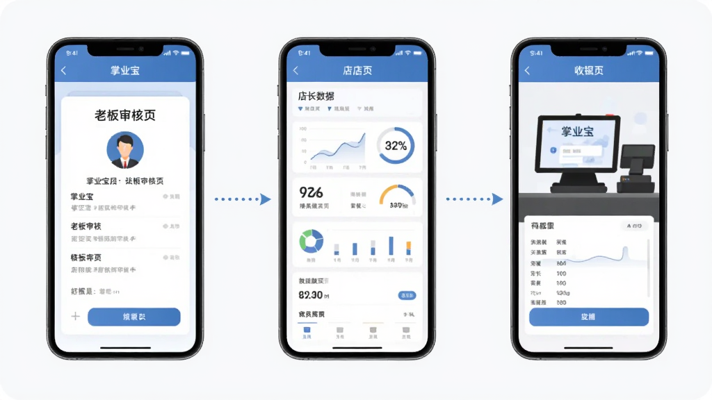 画面为三部手机并排展示“掌业宝”不同角色界面,左侧手机显示老板审核页,中间显示店长数据页,右侧显示店员收银页,三屏之间用虚线箭头连接表示权限层级,风格为扁平化商务插画,配色以蓝灰为主,画质清晰干净