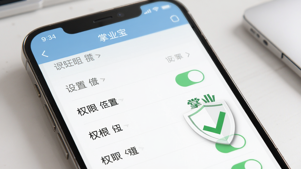 画面为一部手机屏幕特写,显示“掌业宝”设置页面中的权限开关列表,旁边配有一个盾牌图标和绿色对勾,背景为浅色办公桌面,风格为写实产品展示,光线柔和,画质清晰,画面干净无杂物