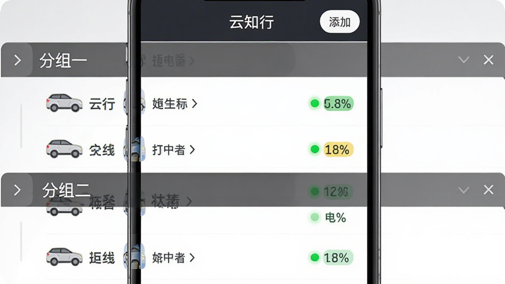 手机应用界面显示设备列表,每行包含车辆图标、自定义名称、在线状态圆点和电量百分比,列表按“分组一”“分组二”折叠展示,顶部有“云知行”标题栏和添加设备按钮,布局为竖屏列表式,风格简约商务,细节包括分组标签、状态色块,画质清晰,干净,无多余元素