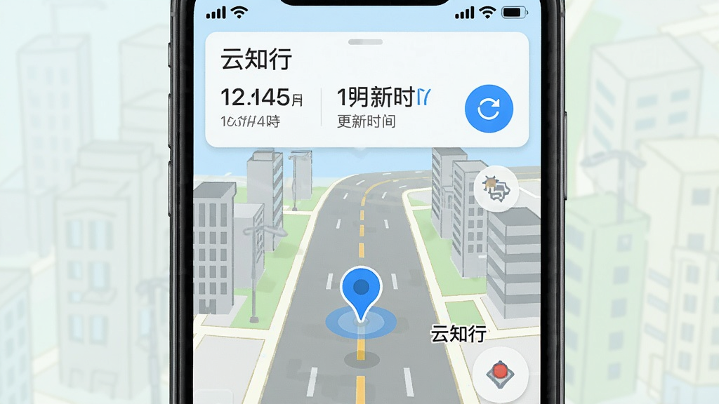 手机地图界面特写,蓝色定位光标停在一条城市道路上,周围有建筑轮廓和道路名称标注,屏幕上方显示“云知行”实时定位面板,面板内有时速和更新时间文字,布局为竖屏,风格清爽扁平化,细节包括信号强度图标、刷新按钮,画质清晰,干净,无多余元素