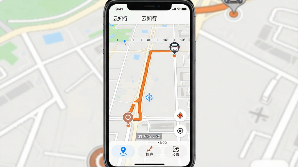 手机屏幕显示地图界面,画面中央是一条橙色行车轨迹线,起点和终点用圆形标记,地图上有车辆图标位于轨迹末端,屏幕顶部显示“云知行”应用名称,底部有定位、轨迹、设置三个按钮,整体布局为竖屏手机界面,风格简洁现代,细节包括道路网格、定位光标、时间轴标签,画质清晰,干净,无多余元素