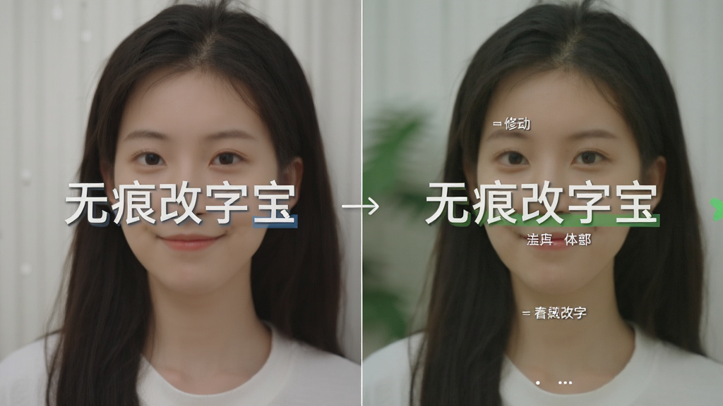 主体为一张图片前后对比展示,布局为左右分屏构图,左侧为原始图片带文字,右侧为修改后图片文字已替换且背景自然,排版对称清晰,风格为简洁对比展示风,细节包括对比分割线、修改高亮标记、字体样式匹配示意,画质高清干净,无多余元素,画面中文字标注