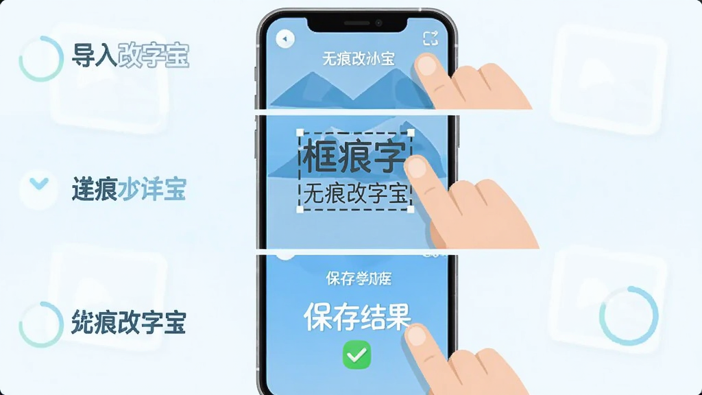 主体为一部手机展示图片文字编辑操作流程,布局为竖向排列的三步操作示意,排版从上到下依次为导入图片、框选文字、保存结果,风格为清新扁平插画风,细节包括手指点击动作、进度提示、完成对勾图标,画质干净明亮,无多余元素,画面中文字标注
