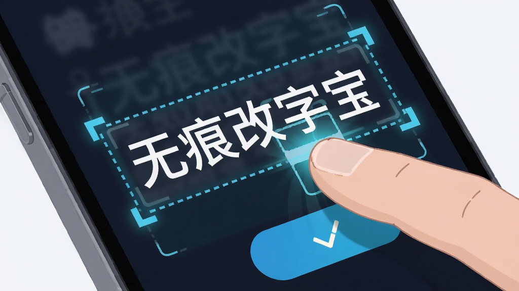 主体为一只手指点击手机屏幕上的文字区域,布局为特写视角,屏幕中文字被虚线框选中,排版突出交互动作,风格为科技感UI插画,细节包括识别扫描光线、文字框选动画、确认按钮,画质干净锐利,无多余元素,画面中文字标注