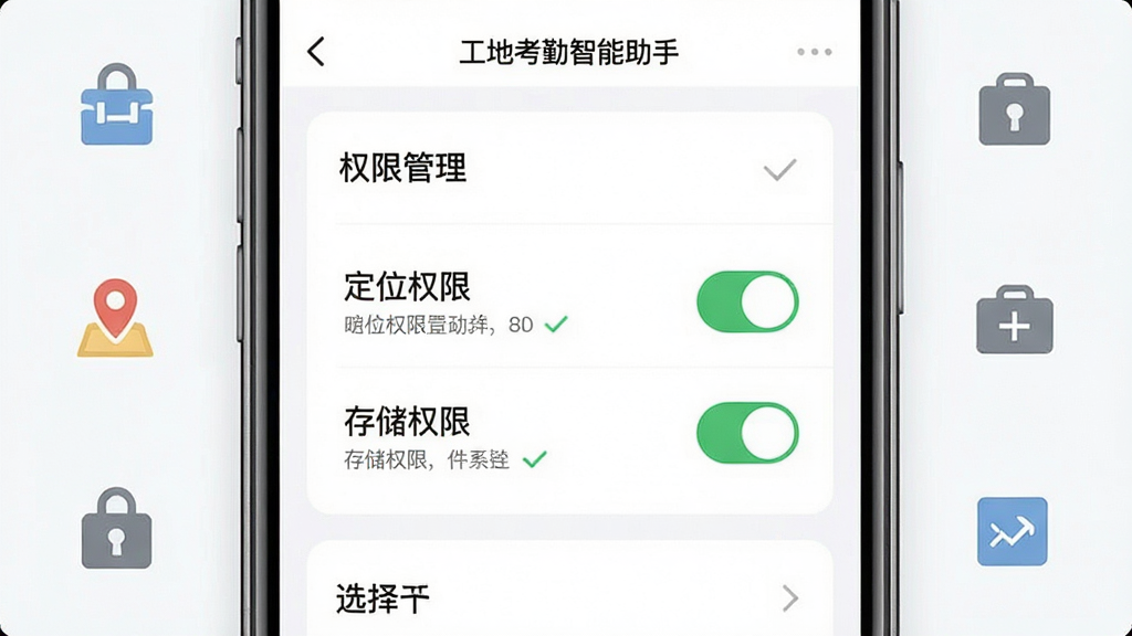 手机屏幕显示工地考勤智能助手的设置页面,画面主体是权限管理选项和存储选择界面,布局为手机特写居中、周围有简洁的图标元素点缀,排版突出“定位权限”“存储权限”两个开关按钮,风格为清爽扁平化UI风,细节包括绿色勾选标记和提示文字,画质高清、干净、无多余元素