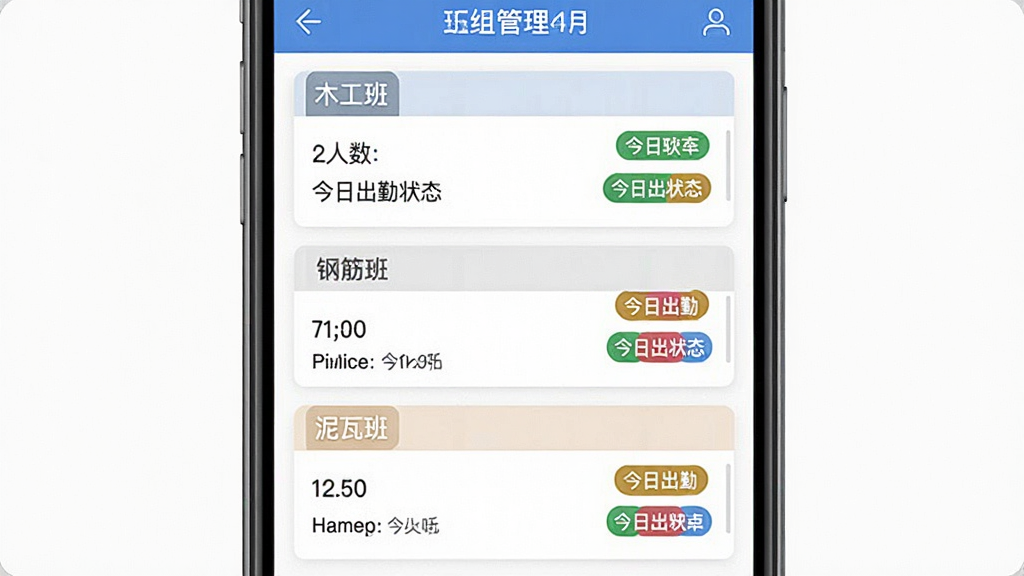 工地考勤智能助手软件界面展示,画面主体是手机屏幕上的班组管理列表,分为木工班、钢筋班、泥瓦班等分组,布局为手机居中、界面元素分层排列,排版整洁清晰,风格为扁平化UI展示风,细节包括每组人数、今日出勤状态、彩色标签,画质高清、干净、无多余元素