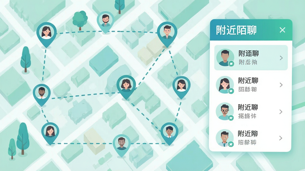 一张俯视视角的城市街区地图插画,地图上分布着多个带有头像的用户定位标记,标记之间有虚线连接,画面右侧悬浮着“附近陌聊”的推荐列表卡片,整体采用清新蓝绿色调配色,扁平矢量风格,构图均衡,画质干净清晰