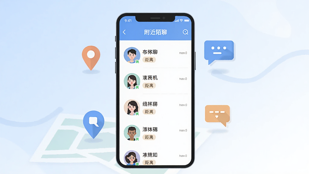画面中央是一部竖屏智能手机,手机屏幕上显示“附近陌聊”的聊天列表界面,包含头像、昵称和距离标签,手机周围环绕着简约的地图定位图标和对话气泡元素,背景为浅蓝到白色的柔和渐变,整体采用扁平化UI插画风格,细节干净利落,画质清晰,无多余装饰元素