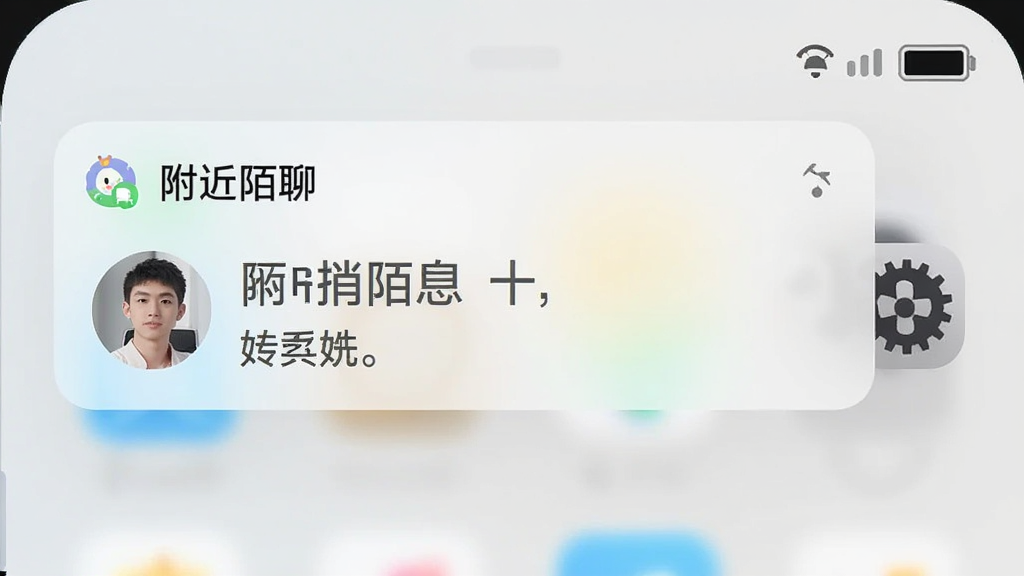 手机通知栏弹出“附近陌聊”的新消息提醒卡片,卡片上显示头像和消息摘要,背景是简洁的手机桌面,画面右侧有齿轮形状的设置图标和电量图标,整体风格清爽简约,画质干净,构图紧凑