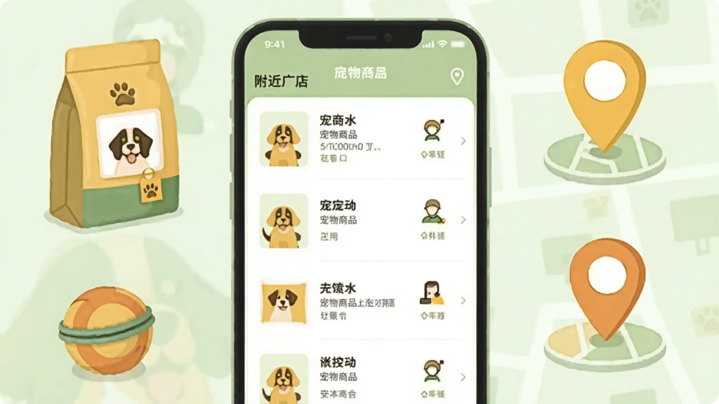 手机界面展示宠物用品商城列表与附近门店地图标记,画面中有狗粮袋、玩具球和定位图钉等元素环绕,配色为浅绿与暖黄,排版清爽,扁平插画风格,画质干净,无多余装饰